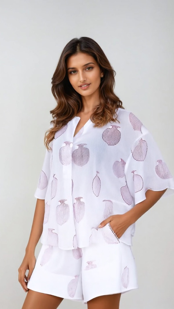Luro's output: the same woman, same face and pose, now wearing a printed shirt and shorts set.